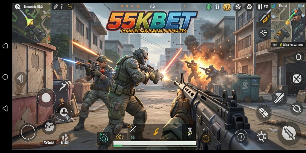 Menampilkan aksi seru dalam gameplay FPS 55KBET.