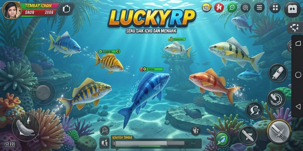 Screenshot gameplay LUCKYRP yang menampilkan aksi seru memancing ikan.